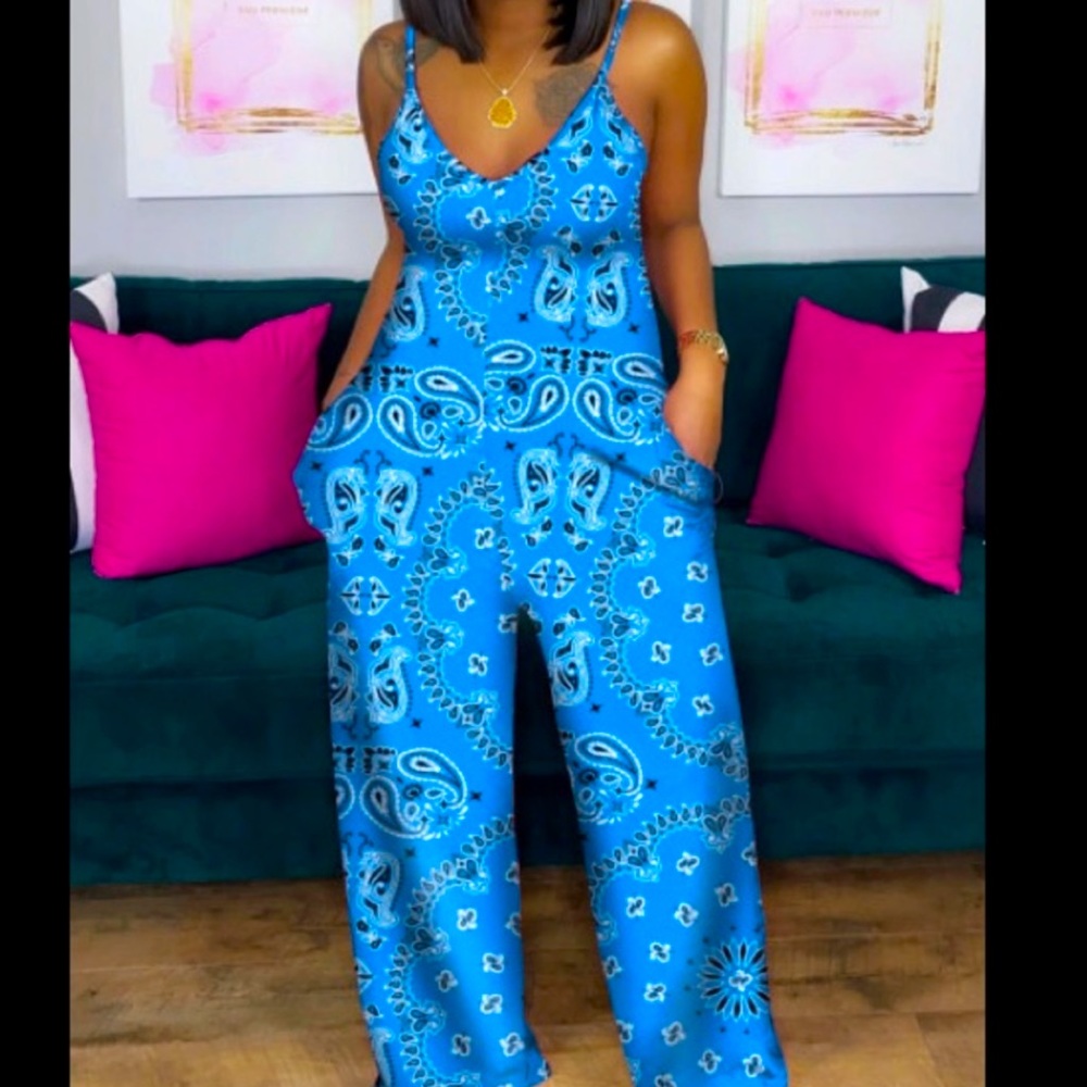 Deep V Casual Cashew Print Acid Blue SidePockets W/Spaghetti Straps 1pc Outfit